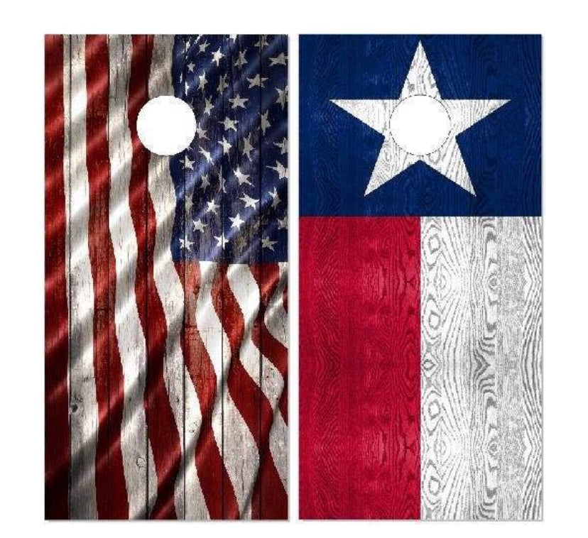 Texas and American flag corn hole boards